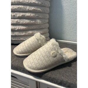 Michael Kors Womens Monogram Logo Faux Fur Lined Slide Slippers Cream Tan